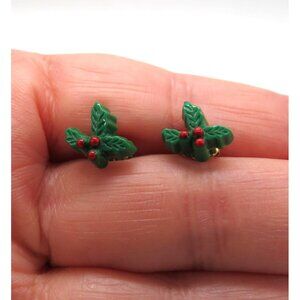 Vintage Holly Leaf Stud‎ Earrings Red Berries Christmas Holidays Lightweight